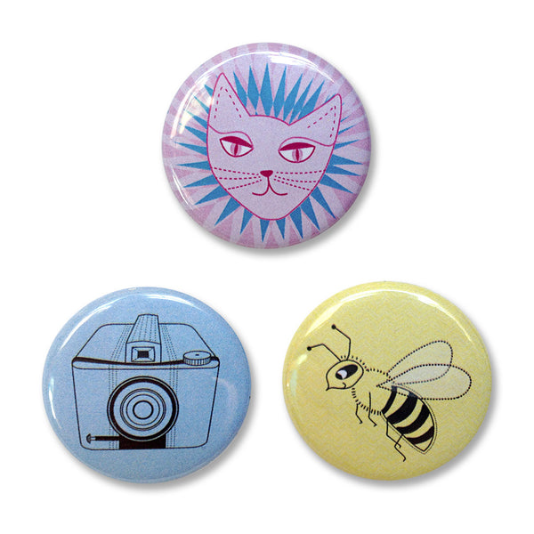 Pin Back Buttons Set 1– A cat, a camera, and a bee.