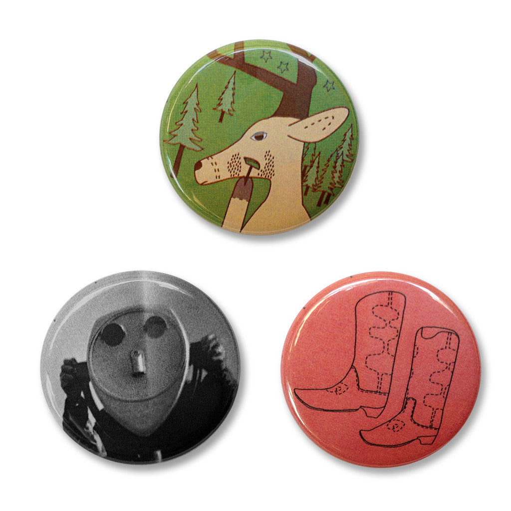 Pin Back Buttons Set 3 – A deer, a tower optical viewer, and cowboy boots.