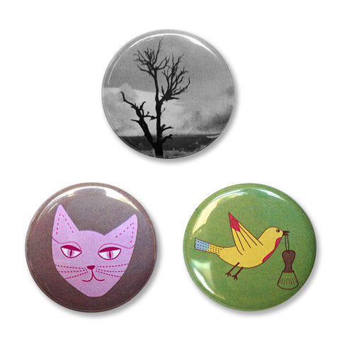 Pin Back Buttons Set 2 – A cat, the grand canyon, and a bird.
