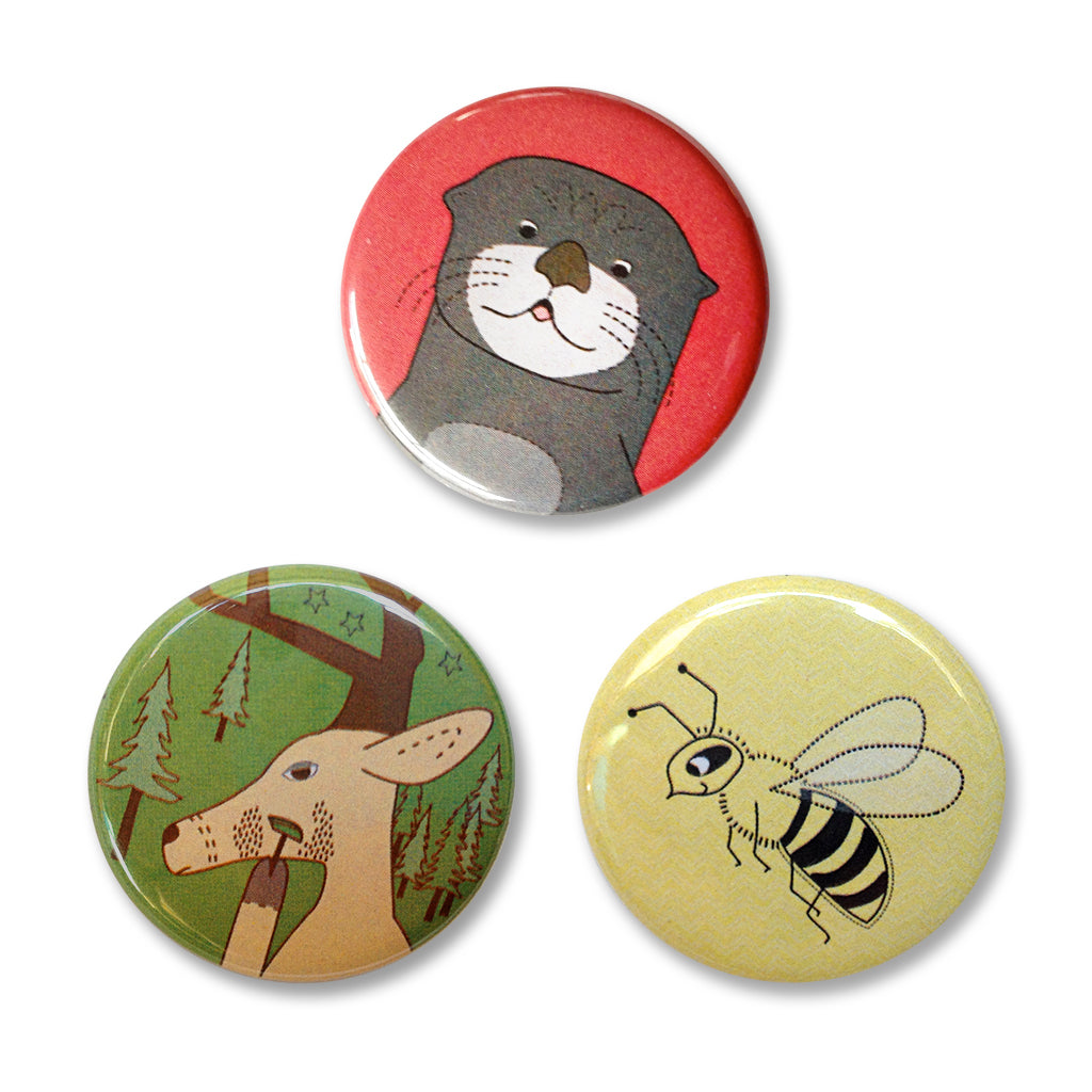 Pin Back Button Set 4 – Otter, Bee, and Deer Pin Back Buttons